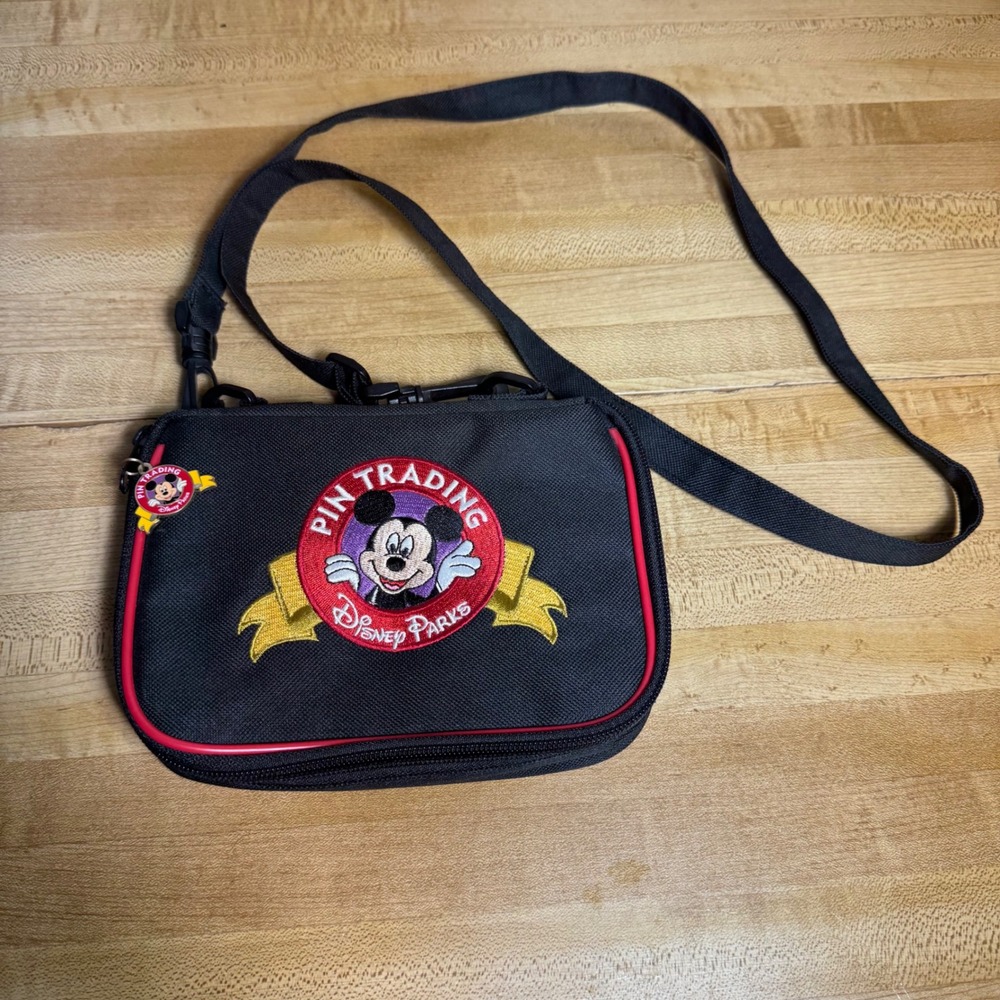 Disney Parks Mickey Mouse Pin Trading Crossbody Bag Black Red Canvas Organizer